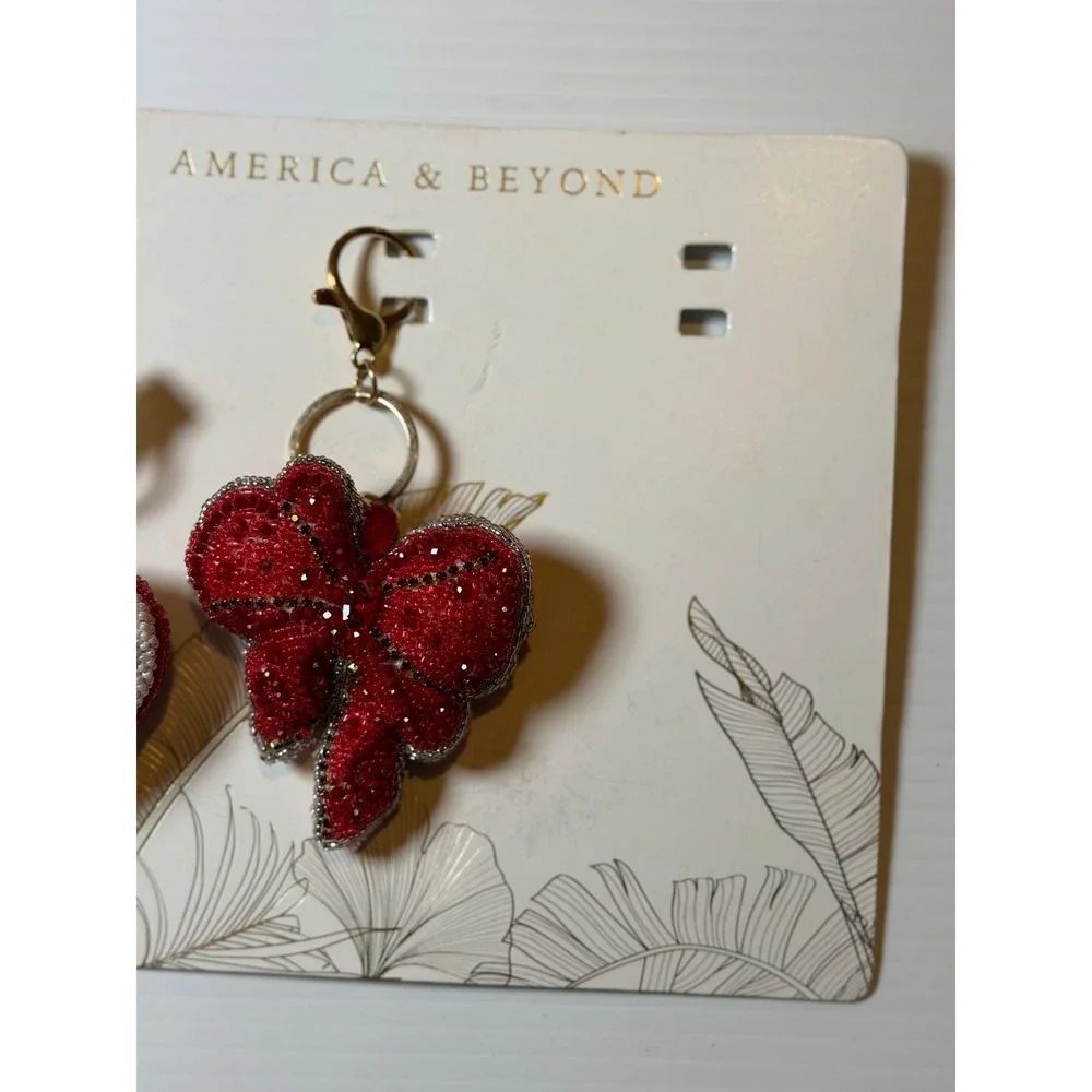 America & Beyond Keychain Bag Charm Red Heart Bow Beaded Rhinestone Set of 2 OS